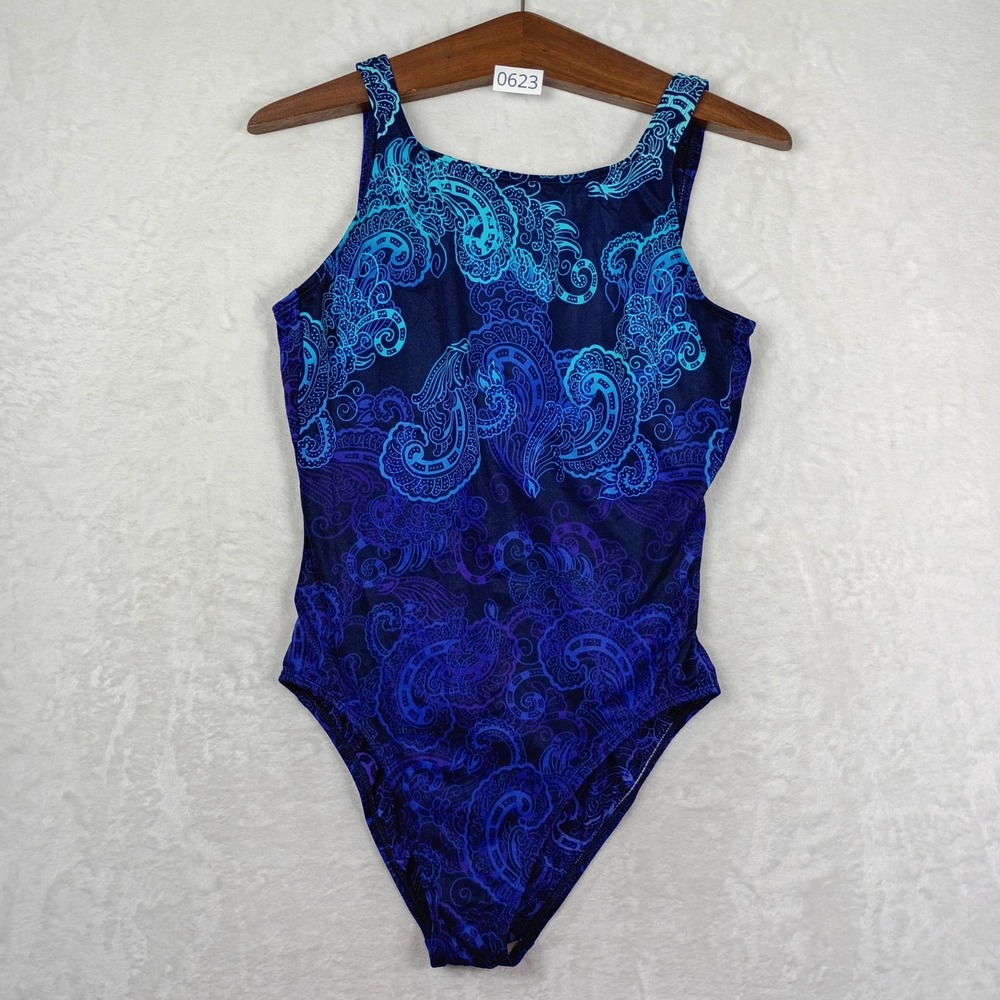 Kathy Ireland Swimsuit Womens 16 Blue Paisley One Piece Vintage 90s Boho Retro
